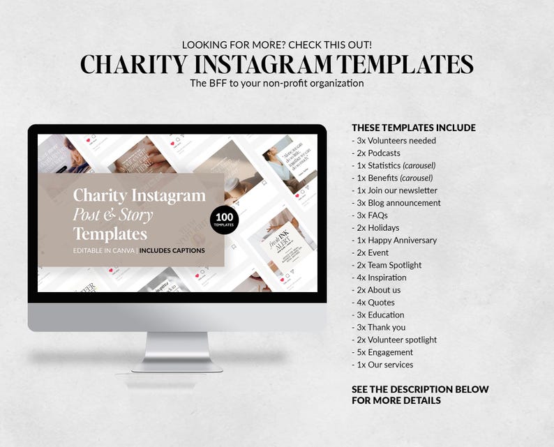 May include: A computer screen displaying a mockup of 100 Instagram post and story templates for charities. The templates are editable in Canva and include captions. The text on the screen reads "Charity Instagram Post & Story Templates".
