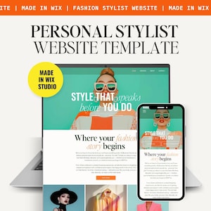 May include: A laptop and smartphone displaying a website template. The text on the screen reads "PERSONAL STYLIST WEBSITE TEMPLATE" and "STYLE THAT speaks before YOU DO". The website features a teal background and images of a woman wearing sunglasses.