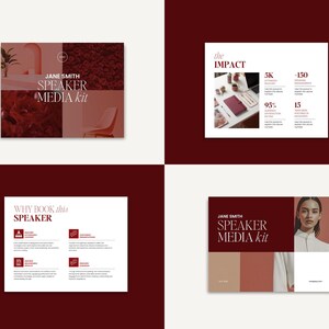 May include: A digital speaker media kit template featuring four distinct pages with a maroon and white color scheme. The design includes sections titled Jane Smith Speaker Media Kit, The Impact with statistics, and Why Book This Speaker with icons.