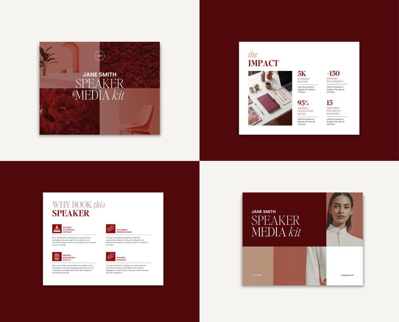 May include: A digital speaker media kit template featuring four distinct pages with a maroon and white color scheme. The design includes sections titled Jane Smith Speaker Media Kit, The Impact with statistics, and Why Book This Speaker with icons.
