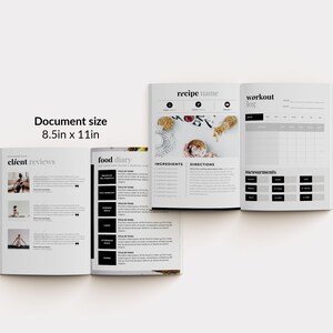 May include: A black and white planner with sections for client reviews, a food diary, recipes, and a workout log. The planner is open to a page with a recipe for a bowl of granola with berries and a glass of milk.