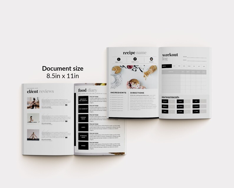 May include: A black and white planner with sections for client reviews, a food diary, recipes, and a workout log. The planner is open to a page with a recipe for a bowl of granola with berries and a glass of milk.
