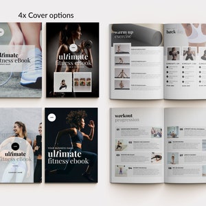 May include: Four different cover options for an ultimate fitness eBook. The covers feature images of people exercising and the text "ultimate fitness eBook".