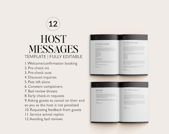 May include: A guide with 12 host messages for Airbnb and other short-term rental hosts. The guide includes messages for welcome/confirmation booking, pre-check ins, pre-check outs, discount inquiries, pets left alone, constant complainers, bad review threats, early check-in requests, asking guests to cancel on their end, requesting feedback from guests, service animal replies, and avoiding bad reviews.