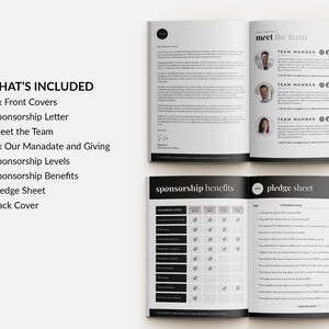 May include: A black and white brochure with the title "Meet the Team" and a section titled "Sponsorship Benefits". The brochure includes information about sponsorship levels, benefits, and a pledge sheet.