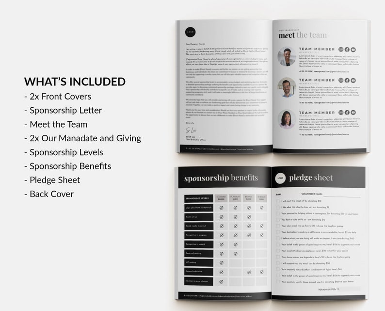 May include: A black and white brochure with the title "Meet the Team" and a section titled "Sponsorship Benefits". The brochure includes information about sponsorship levels, benefits, and a pledge sheet.