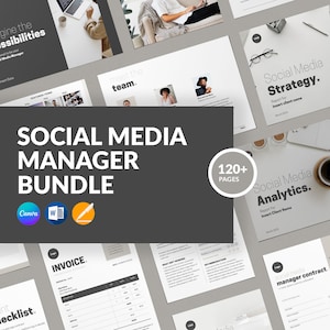 May include: A social media manager bundle with over 120 pages of templates for Canva and Word. The bundle includes templates for social media strategy, analytics, client checklists, invoices, and more. The image features a gray background with white text and icons.