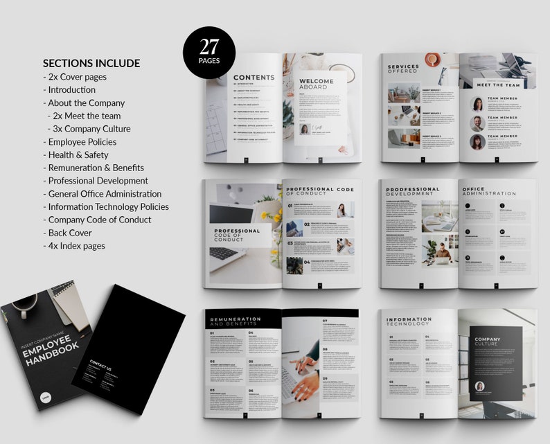 May include: An open employee handbook with 27 pages, detailing company policies and culture. The handbook is black and white with a modern design. The cover reads "Employee Handbook". The pages include sections on benefits.