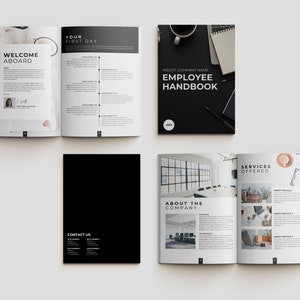 May include: An open employee handbook with the title "Employee Handbook" on the cover. The handbook is open to several pages, including "Welcome Aboard", "Your First Day", "About the Company", and "Services Offered". The handbook is black and white.