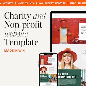 Op de afbeelding: Een website-sjabloon voor liefdadigheidsorganisaties en non-profitorganisaties, gemaakt met Wix. Het sjabloon bevat een rood bakstenen gebouw, een fiets en een vrouw met een rode hoed. De tekst "GOOD DEED, GREAT POWER, BIGGER IMPACT" wordt op de website weergegeven.
