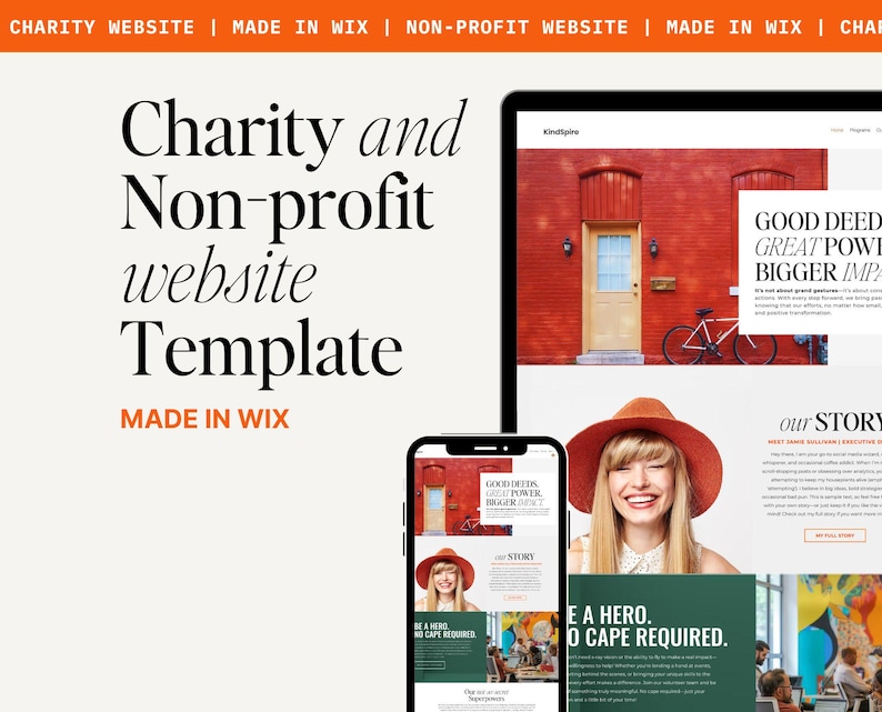 May include: A website template for charities and non-profits, made with Wix. The template features a red brick building, a bicycle, and a woman wearing a red hat. The text "GOOD DEED, GREAT POWER, BIGGER IMPACT" is displayed on the website.