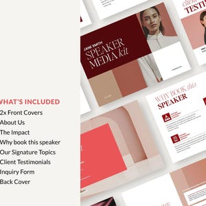 May include: A digital speaker media kit template featuring multiple page layouts with a color palette of deep red, beige, and white. The text includes 'JANE SMITH SPEAKER MEDIA KIT', 'WHY BOOK THIS SPEAKER', and a list of included sections like 'About Us'.
