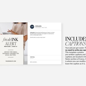 May include: A social media post with a white background and black text. The text reads "fresh INK ALERT NEW BLOG | ISSUE 01 ADVICE FOR SMALL BUSINESS OWNERS ON LEGAL MATTERS. YOUIRWEBSITE.COM". The image also includes a screenshot of a social media post with a profile picture of a blue circle with a white letter "i" inside. The text reads "Inkbluebda Manhattan, New York inkbluebda Empowering Small Businesses Explore our latest blog tied with essential tips and insights for small business owners tackling legal matters. Click the link in our bio to learn more! 1560 likes Add a comment..." The text on the right side of the image reads "INCLUDES CAPTIONS Your job just got easier. There's no need to write any captions. This template contains pre-written captions and all captions are located in the Notes section of Canva. Here is where you can modify or leave the caption as it is."