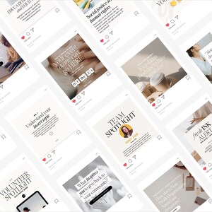 May include: A grid of multiple square social media post templates featuring various layouts, serif and sans-serif typography, and placeholder text. The designs include headings like Education and Equity, Team Spotlight, and Volunteer Spotlight.