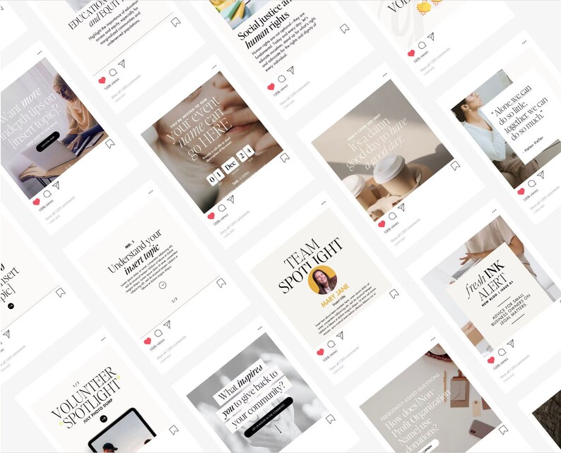 May include: A grid of multiple square social media post templates featuring various layouts, serif and sans-serif typography, and placeholder text. The designs include headings like Education and Equity, Team Spotlight, and Volunteer Spotlight.