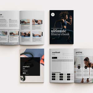 May include: A black and white fitness ebook with the title "ultimate fitness ebook" and a woman running on the cover. The ebook includes sections on foam rolling, workout log, measurements, and pricing packages.
