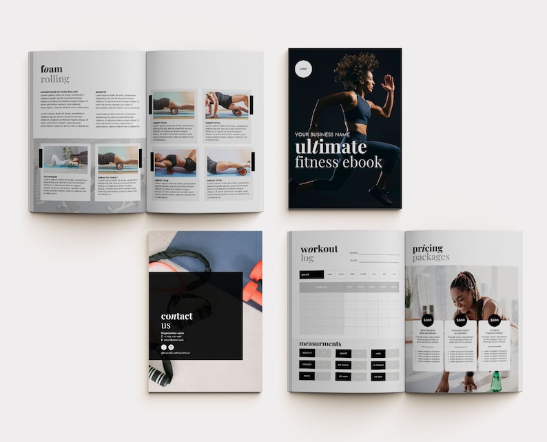 May include: A black and white fitness ebook with the title "ultimate fitness ebook" and a woman running on the cover. The ebook includes sections on foam rolling, workout log, measurements, and pricing packages.