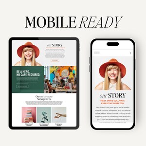May include: A website screenshot showing a woman wearing a red hat and smiling. The text on the website reads "Our Story", "Be a hero. No cape required." and "Our not-so-secret Superpowers".
