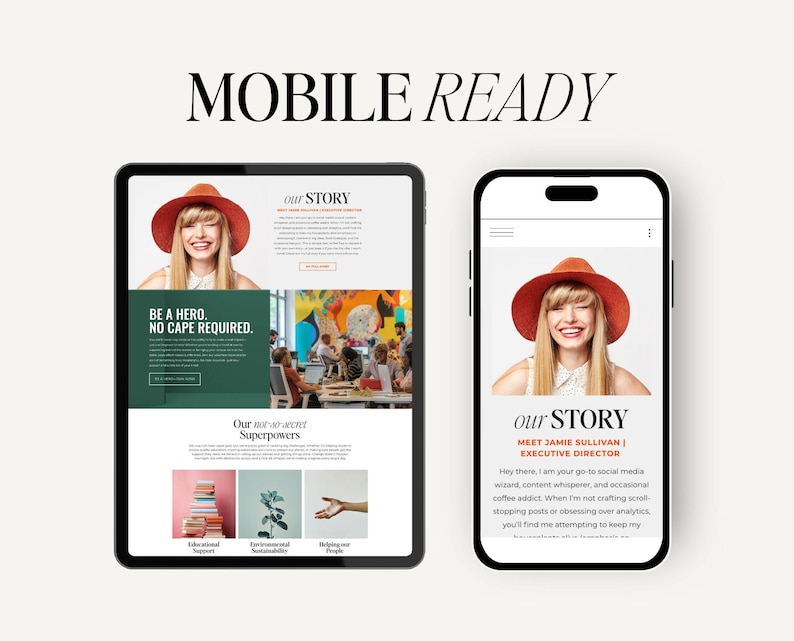 May include: A website screenshot showing a woman wearing a red hat and smiling. The text on the website reads "Our Story", "Be a hero. No cape required." and "Our not-so-secret Superpowers".