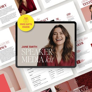 Może przedstawiać: Cyfrowy tablet wyświetlający szablon zestawu medialnego dla mówcy z uśmiechniętą osobą w bordowym topie, tekstem JANE SMITH SPEAKER MEDIA KIT oraz żółtą okrągłą odznaką FREE GIFTS INSIDE, otoczony różnymi stronami dokumentów.