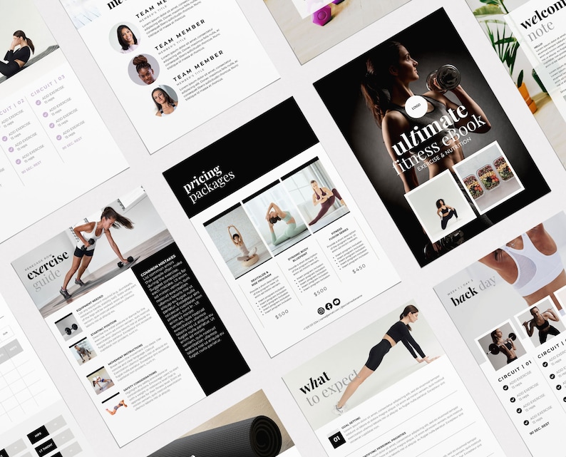 May include: A fitness eBook with a black and white design. The cover features a woman lifting weights and the title "ultimate fitness eBook" with the subtitle "exercise & nutrition".