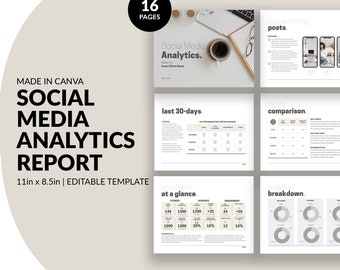 Plantilla de informe de análisis de redes sociales beige / Informe de rendimiento de redes sociales / Presentación mensual de Canva / Auditoría empresarial / Panel de KPI