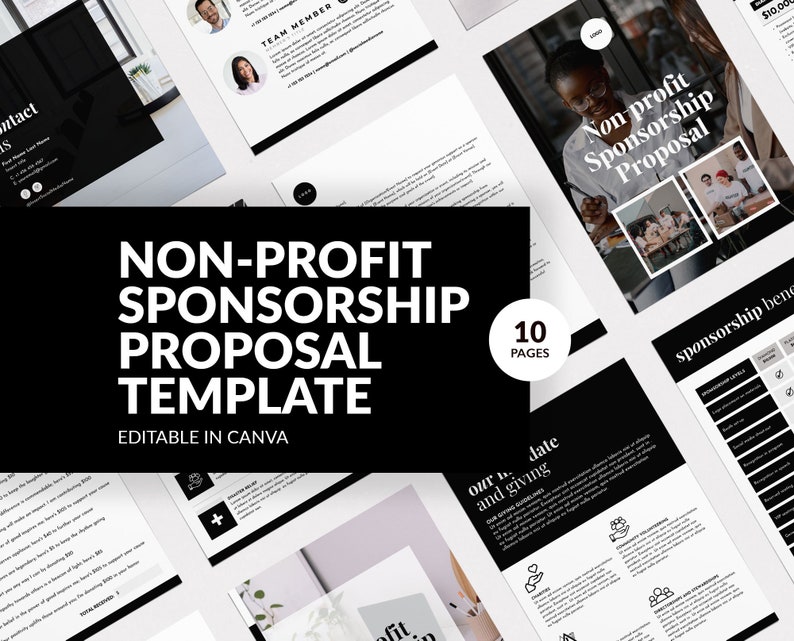 May include: A black and white 10-page non-profit sponsorship proposal template, editable in Canva. The template features a modern design with bold text and simple graphics. The text "Non-profit Sponsorship Proposal Template" is displayed in large, bold white letters on a black background.