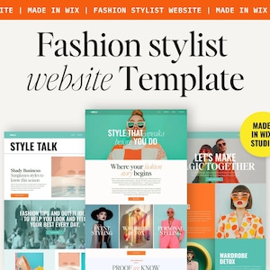 Może przedstawiać: Szablon strony internetowej dla stylistów mody, o przejrzystym designie w kolorach turkusowym, pomarańczowym i białym. Projekt zawiera tekst "Fashion stylist website Template" i prezentuje przykładowe strony internetowe z treściami związanymi z modą.