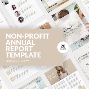 May include: A beige and white template for a non-profit annual impact report. The template is editable in Canva and includes 20 pages. The cover page features a photo of a hand planting a small plant in a pot. The text on the cover page reads "024 annual impact report COMPANY NAME".