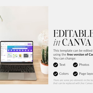 May include: A laptop computer open to a Canva website with a search bar that says "What will you create today?" The laptop is on a wooden table with a cactus plant in a white pot and a globe in the background. The text "EDITABLE in CANVA" is in large black font. The text below says "This template can be edited in using the free version of Canva. You can change: Text, Photos, Colors, Page layouts. There are some pro elements in the template that can be replaced with free Canva assets."