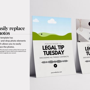 May include: A white and green podcast cover graphic with the text "LEGAL TIP TUESDAY" and "DISCUSSING ALL THINGS CONTRACTS". The graphic also includes a play button and a website address.