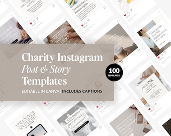 Puede incluir: Un recurso de marketing digital para organizaciones benéficas que ofrece 100 plantillas personalizables para publicaciones e historias de Instagram. Las plantillas se pueden editar en Canva e incluyen leyendas. La imagen muestra un collage de varias plantillas con diferentes temas, como la educación, la justicia social y los focos de voluntarios.