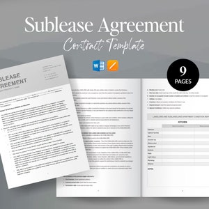 May include: A sublease agreement contract template with a cover page that says "Sublease Agreement Contract Template" and a page with a table titled "Landlord and Sublandlord Apartment Condition Report" with a section for "Kitchen".