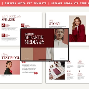 May include: A digital speaker media kit template featuring a dark red and white color scheme. The layout includes sections for a biography, client testimonials, and professional statistics, with placeholder text and images of individuals.