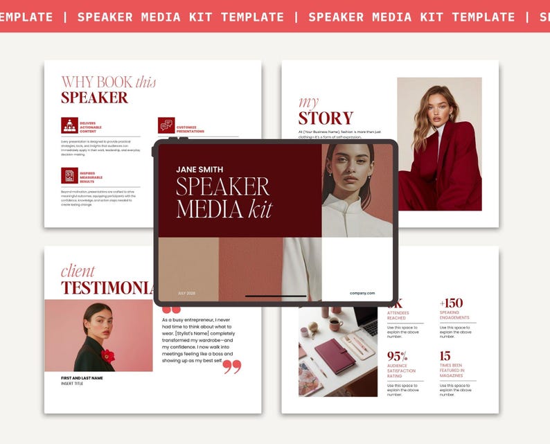 May include: A digital speaker media kit template featuring a dark red and white color scheme. The layout includes sections for a biography, client testimonials, and professional statistics, with placeholder text and images of individuals.