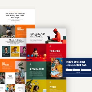 May include: Website homepage for Kindspire, a non-profit organization focused on education, sustainability, and people. The website features images of diverse people and a call to action to donate.