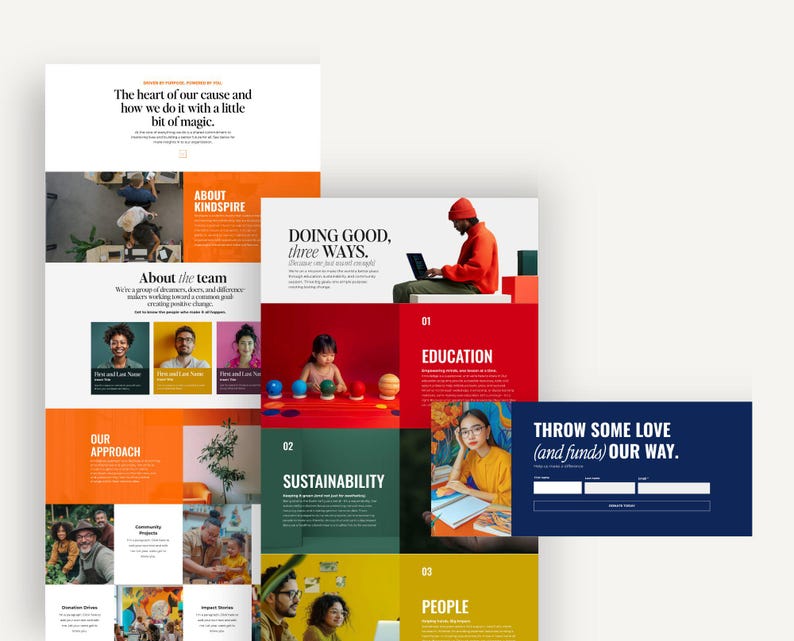 May include: Website homepage for Kindspire, a non-profit organization focused on education, sustainability, and people. The website features images of diverse people and a call to action to donate.