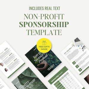 May include: A digital non-profit sponsorship template set featuring multiple document layouts with green accents. The text includes "INCLUDES REAL TEXT", "NON-PROFIT SPONSORSHIP TEMPLATE", "meet the team", "Non-profit Sponsorship Proposal", and "FREE GIFTS INSIDE".