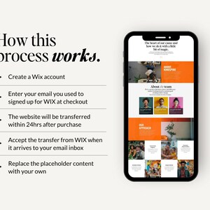 May include: A screenshot of a mobile phone displaying a website with an orange and white color scheme. The website features text about the company's mission, team, and approach. The text reads "The heart of our cause and how we do it with a little bit of magic."  "About the team"  "Our Approach"  "About Kindspire"