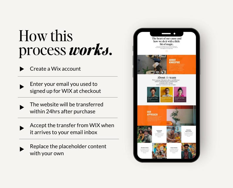 May include: A screenshot of a mobile phone displaying a website with an orange and white color scheme. The website features text about the company's mission, team, and approach. The text reads "The heart of our cause and how we do it with a little bit of magic."  "About the team"  "Our Approach"  "About Kindspire"