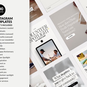 May include: A collection of 100 Instagram templates featuring various layouts for social media posts. The text includes headings like Volunteer Spotlight, Frequently Asked Questions, and What inspires you to give back to your community.