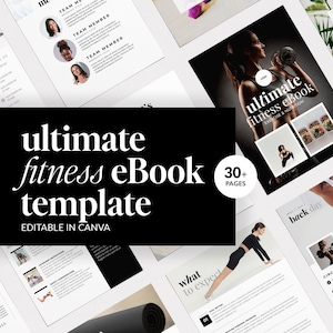 Może przedstawiać: Czarno-biała grafika z tekstem "ultimate fitness eBook template" i "30+ pages" w białym kolorze. Grafika jest nałożona na kolaż zdjęć przedstawiających szablon eBooka fitness z obrazami osób ćwiczących i zdrowego jedzenia.