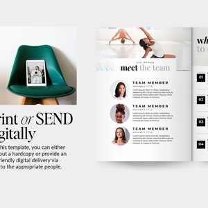 May include: A green chair with a tablet on it showing a group of people. The text "Print or SEND digitally" is below the chair. The text "with this template, you can either print out a hardcopy or provide an eco-friendly digital delivery via email to the appropriate people." is below the text. The right side of the image shows a page from a book with the text "OUR TRAINERS meet the team" and "what to expect". The page has a list of four steps with numbers and titles: "GOAL SETTING", "IDENTIFYING PERSONAL PRIORITIES", "SETTING REALISTIC EXPECTATIONS", and "CREATING ACTION PLANS".
