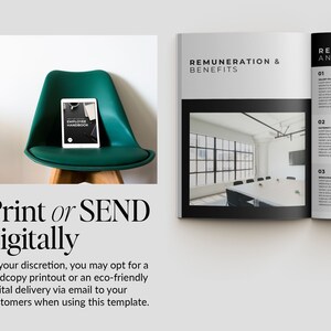 May include: A digital tablet showing "EMPLOYEE HANDBOOK" sits on a teal chair. A printed document with "REMUNERATION & BENEFITS" is also visible. The text below says "Print or SEND digitally".