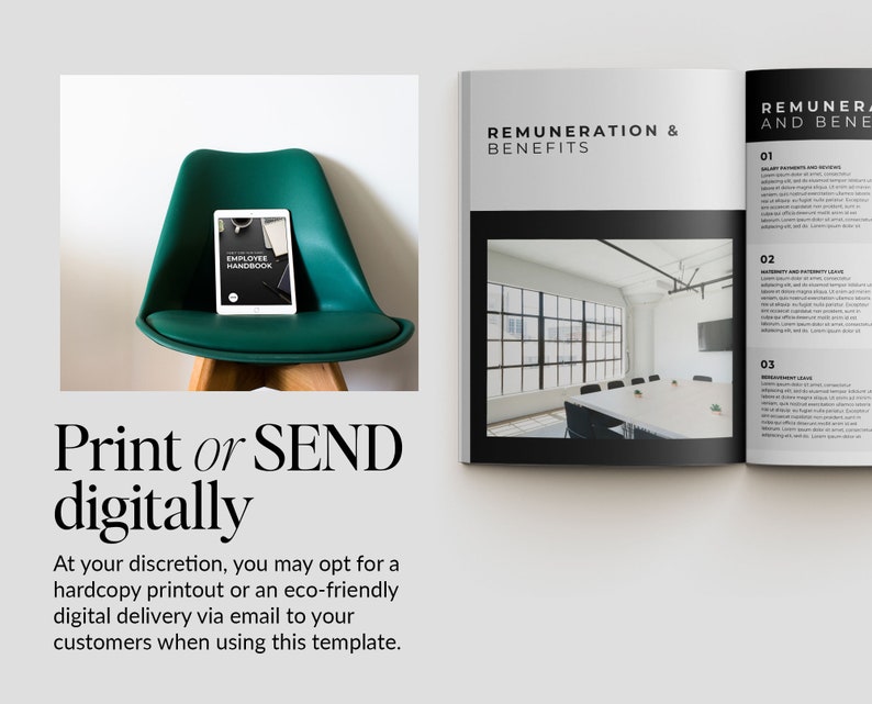 May include: A digital tablet showing "EMPLOYEE HANDBOOK" sits on a teal chair. A printed document with "REMUNERATION & BENEFITS" is also visible. The text below says "Print or SEND digitally".