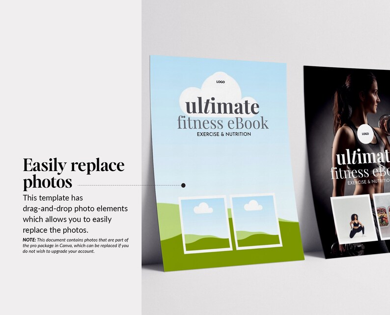 May include: A blue and green digital download template for an ebook about fitness and nutrition. The template features the text "ultimate fitness eBook" and has two placeholders for photos. The text "Easily replace photos" is also included.