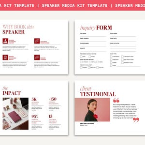 May include: A speaker media kit template featuring four white pages with dark red text and accents. Sections include Why Book This Speaker, an inquiry form, The Impact with statistics, and a client testimonial page with a placeholder photo.