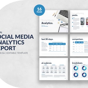 Blue Social Media Analytics Report template | Canva monthly report | SMM document | Business Audit | Infographics Canva | KPI dashboard