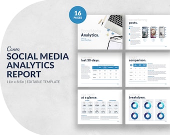 May include: A 16-page social media analytics report template in a light blue and white color scheme. The template includes sections for overview, insights, audience breakdown, and top performing posts. The report is designed for use with Canva.