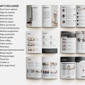 May include: A black and white digital fitness guide with a list of what's included. The guide includes sections on yoga, exercise, warm-up, back, foam rolling, pricing packages, and a thank you page.